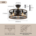 20 in. Low Profile Ceiling Fan Light Modern Farmhouse Wood Finish Caged Ceiling Fan with Light and Remote
