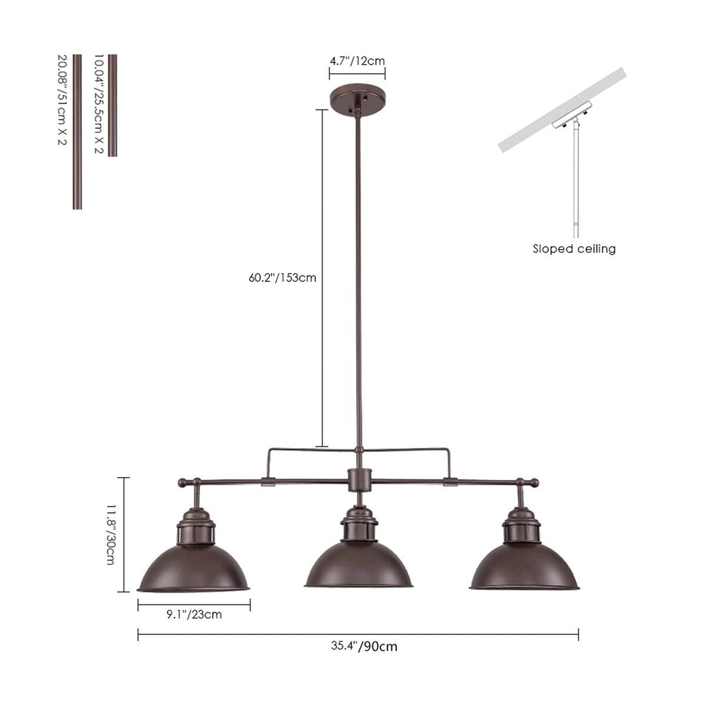 3-Light Industrial Farmhouse Dome Pendant Metal Linear Kitchen Island Pendant Light Oil Rubbed Bronze Finish