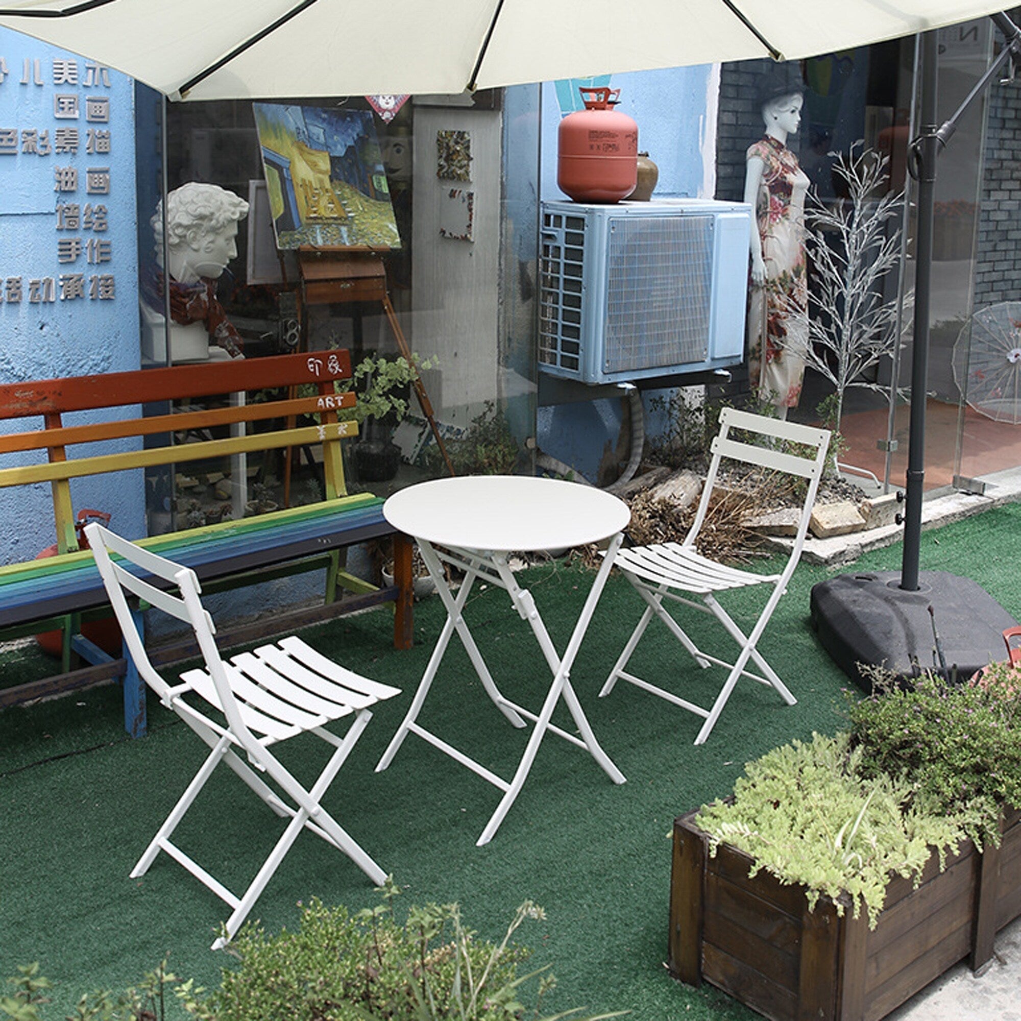 3-Piece Minimalist Patio Bistro Set of Foldable Round Table & Chairs - 3-Piece-Patio-Bistro-Set