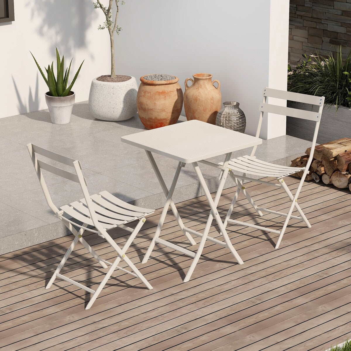 3 Piece Patio Minimalist Bistro Set Foldable Square Table & Chairs - 3-Piece