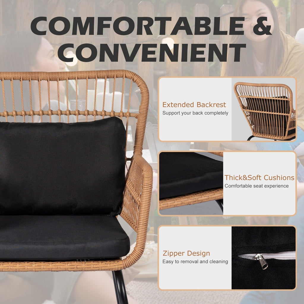 3 Piece Outdoor Wicker Conversation Bistro Set, All-Weather Rattan Furniture Patio Chairs Set with Cushions