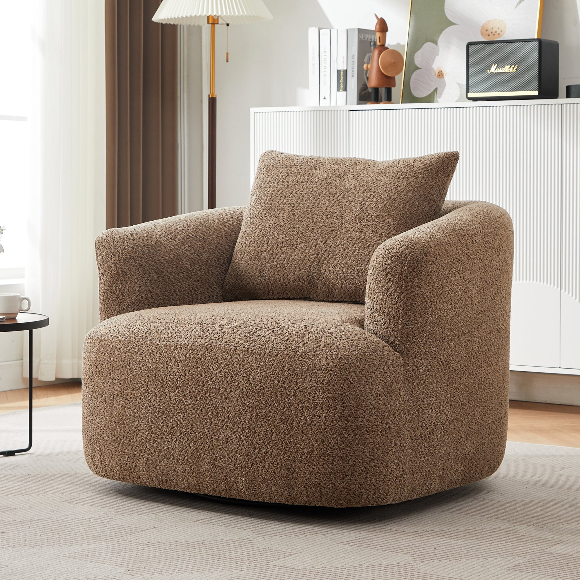 360° Swivel Chair, 38.2 Boucle Accent Chair with Throw Pillow, Upholstered Barrel Sofa Chair with Curved Armrests