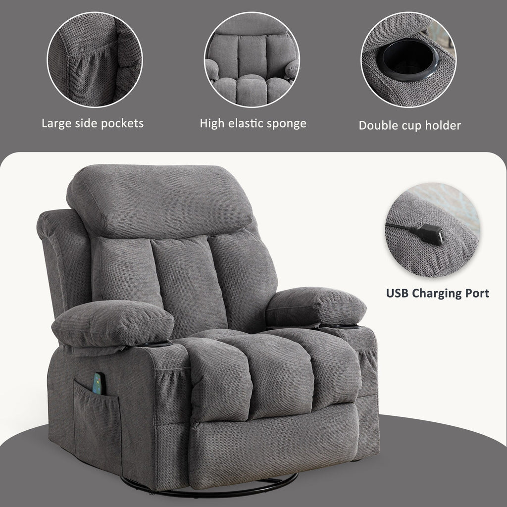 360° Swivel Recliner Chair with Massage, Heat, USB, and Cup Holders