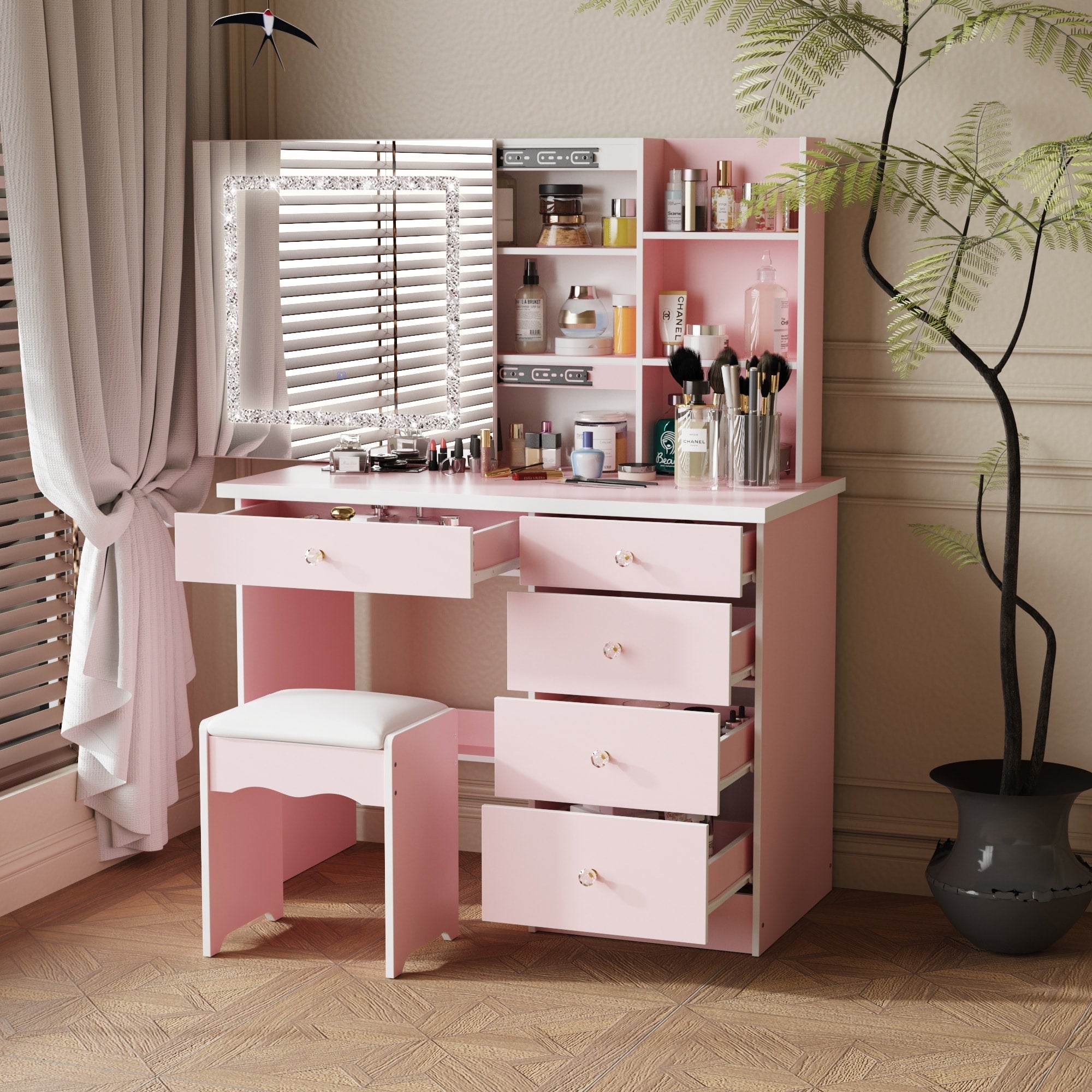 39.4'' Wide Makeup Vanity Set with Stool and Mirror