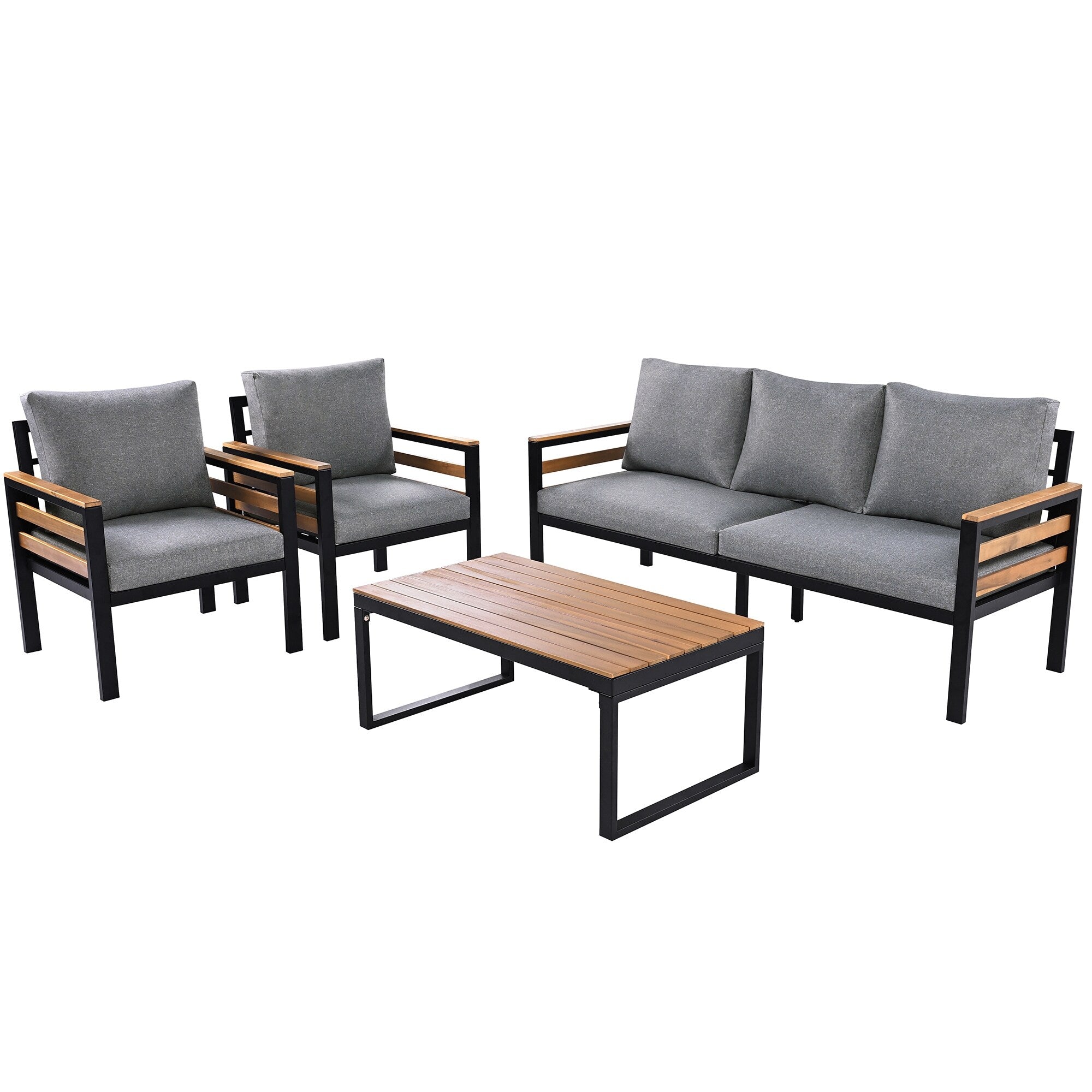 4-Piece Outdoor Sofa Set for 5 People with Removable Cushion & Solid Wood Coffee Table