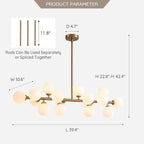 40 in. Linear Mid Century Modern Chandelier 16-Light Gold Brass Sputnik Pendant Light with Frosted Glass Globe for Dining Room