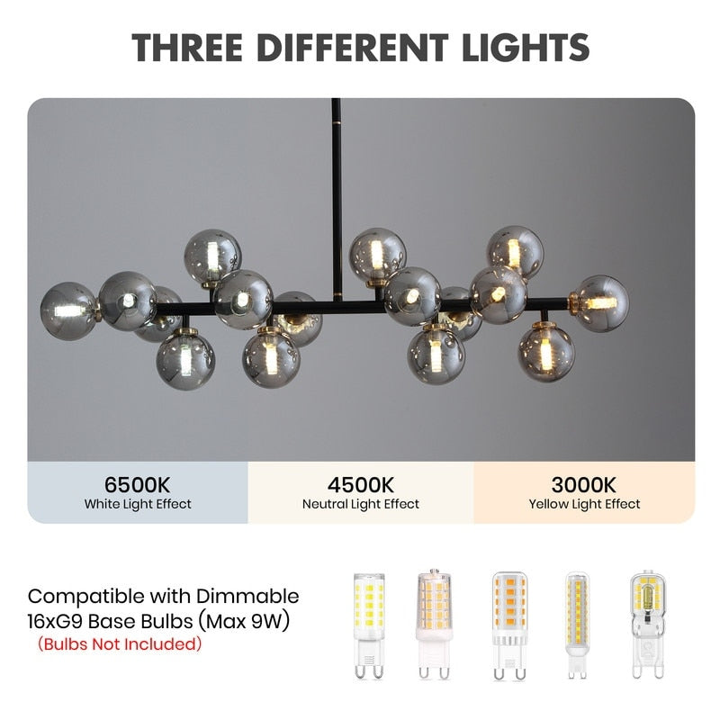 40 in. Linear Mid Century Modern Chandelier 16-Light Gold Brass Sputnik Pendant Light with Frosted Glass Globe for Dining Room