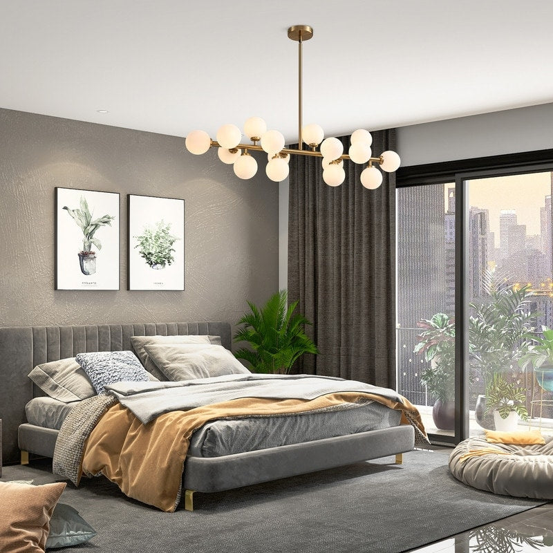 40 in. Linear Mid Century Modern Chandelier 16-Light Gold Brass Sputnik Pendant Light with Frosted Glass Globe for Dining Room