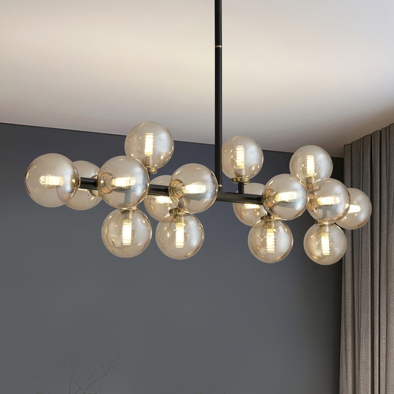 40 in. Linear Mid Century Modern Chandelier 16-Light Gold Brass Sputnik Pendant Light with Frosted Glass Globe for Dining Room