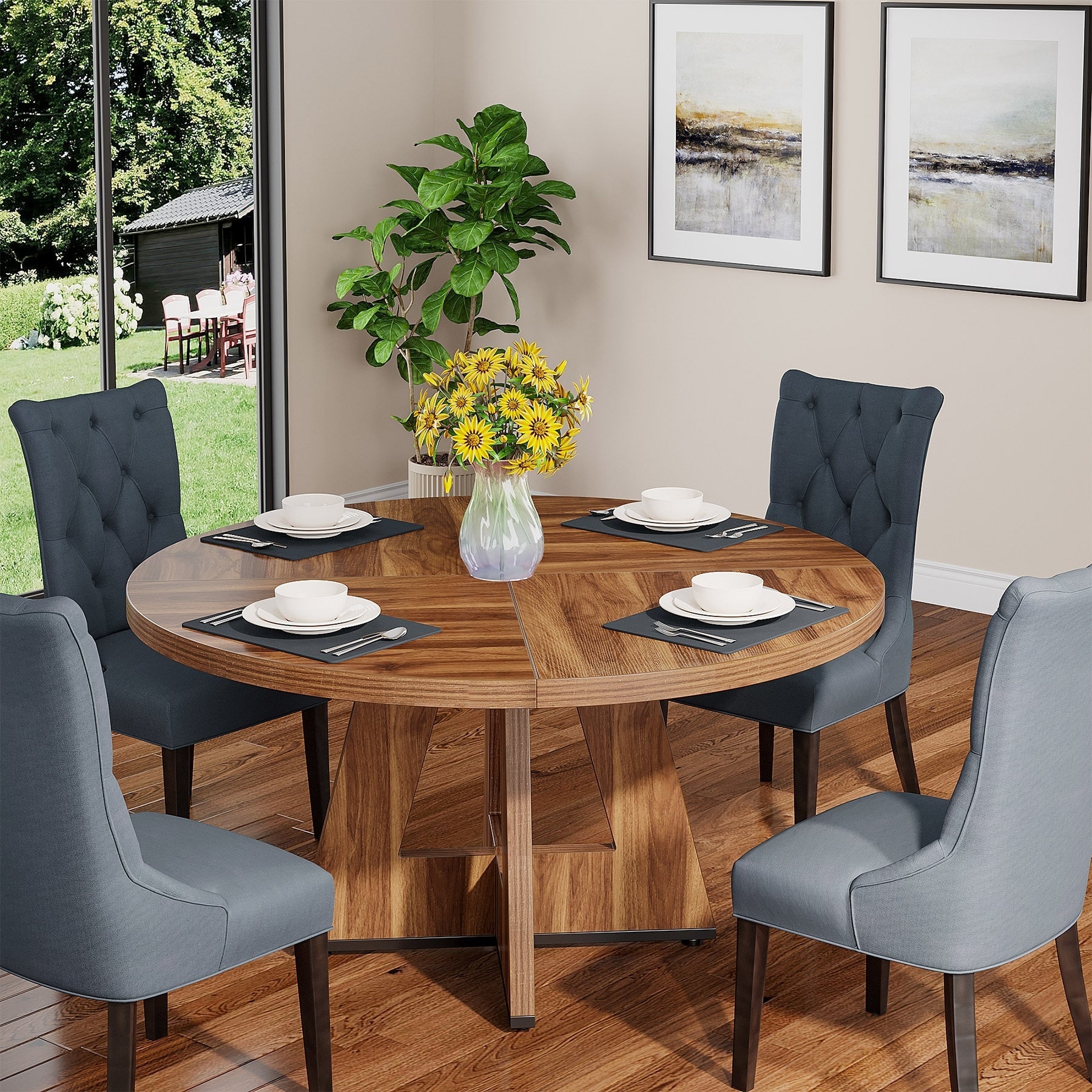 47 Round Dining Table for 4, Farmhouse Kitchen Table Small Dinner Table Wood Kitchen Table for Dining Room Living Room
