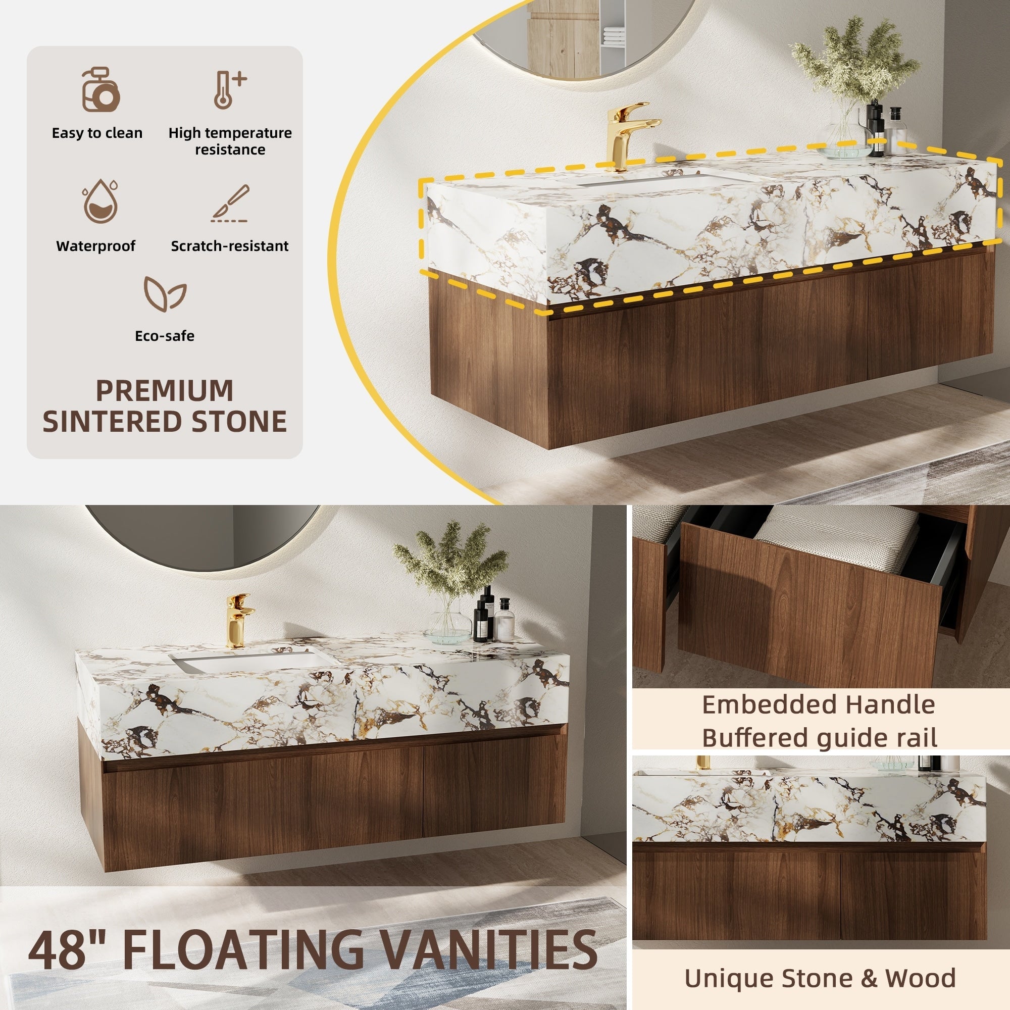 48'' Modern Single Bathroom Vanities, With Glossy Faux Marble Top, Solid Wood