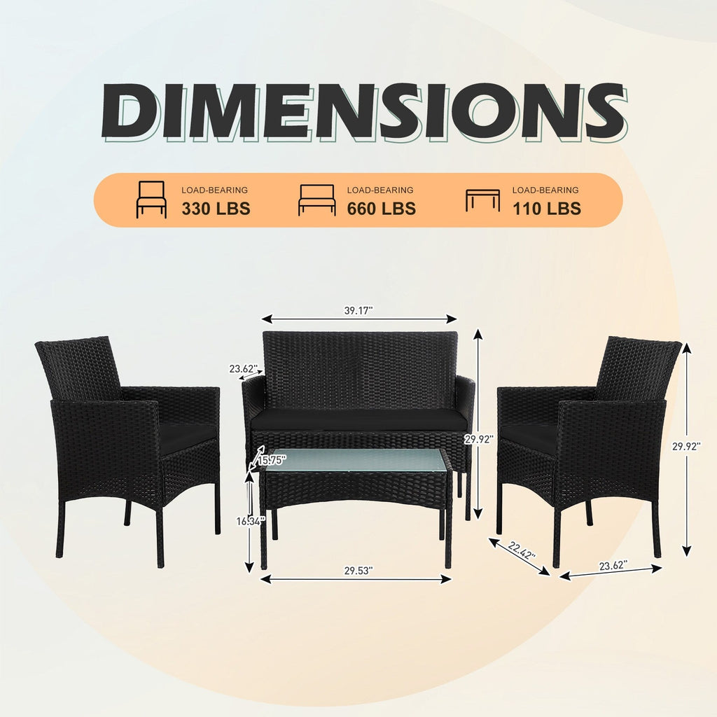 4 Piece Patio Conversation Wicker Furniture Set, Outdoor Rattan Sectional Furniture Set With Cushions