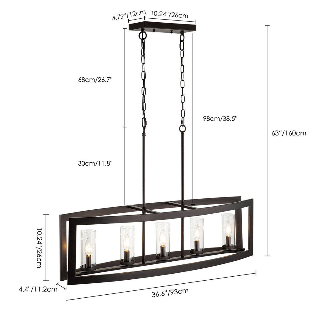 5-Light Mid-Century Modern Industrial Linear Kitchen Island Pendant Vintage Rectangle Glass Chandelier