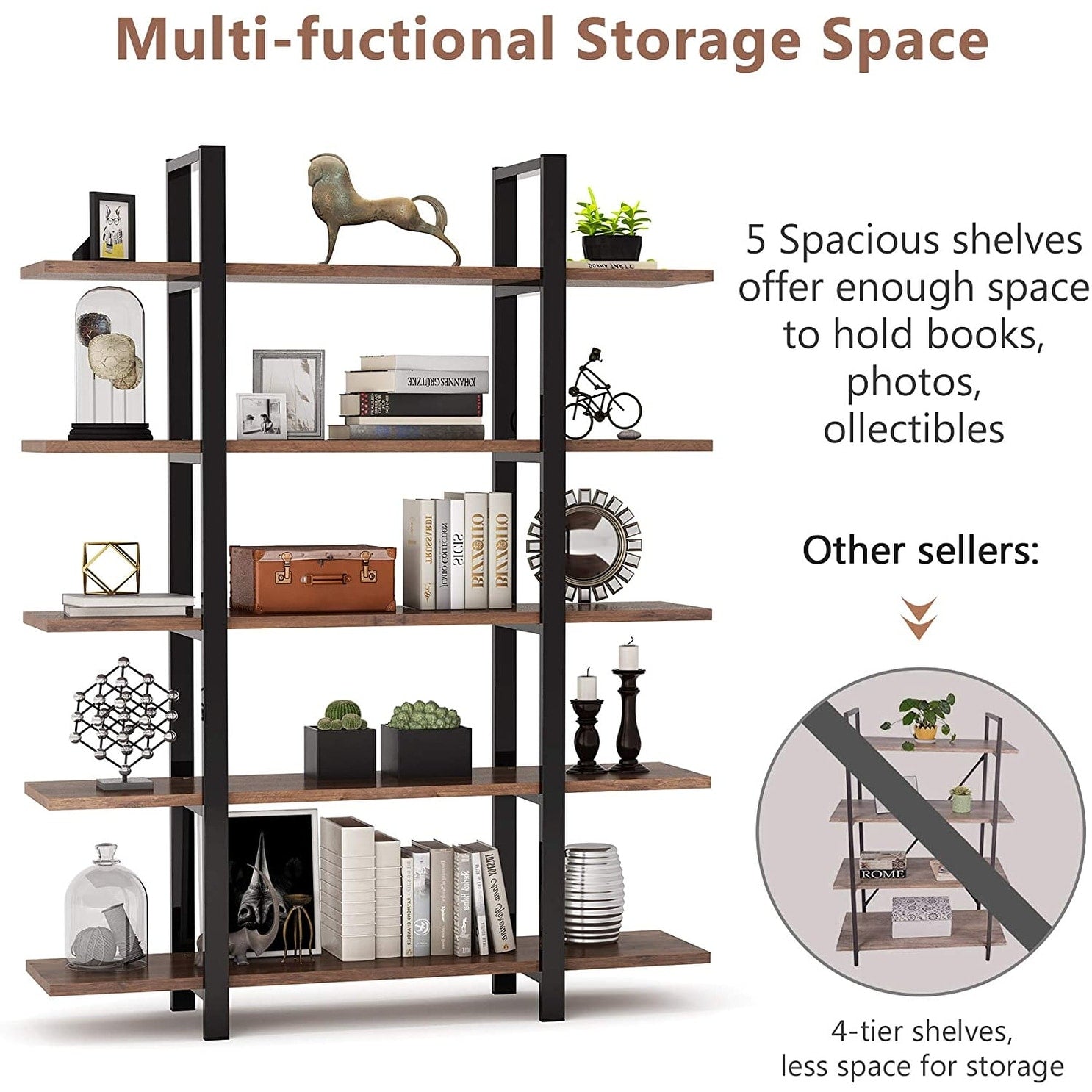 5-Tier Bookshelf, Vintage Industrial Style Bookcase