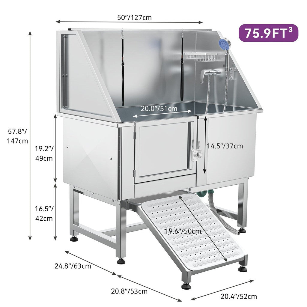 50'' W Stainless Steel Adjustable Pet Grooming Tub with Steps Ramp