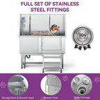 50'' W Stainless Steel Adjustable Pet Grooming Tub with Steps Ramp