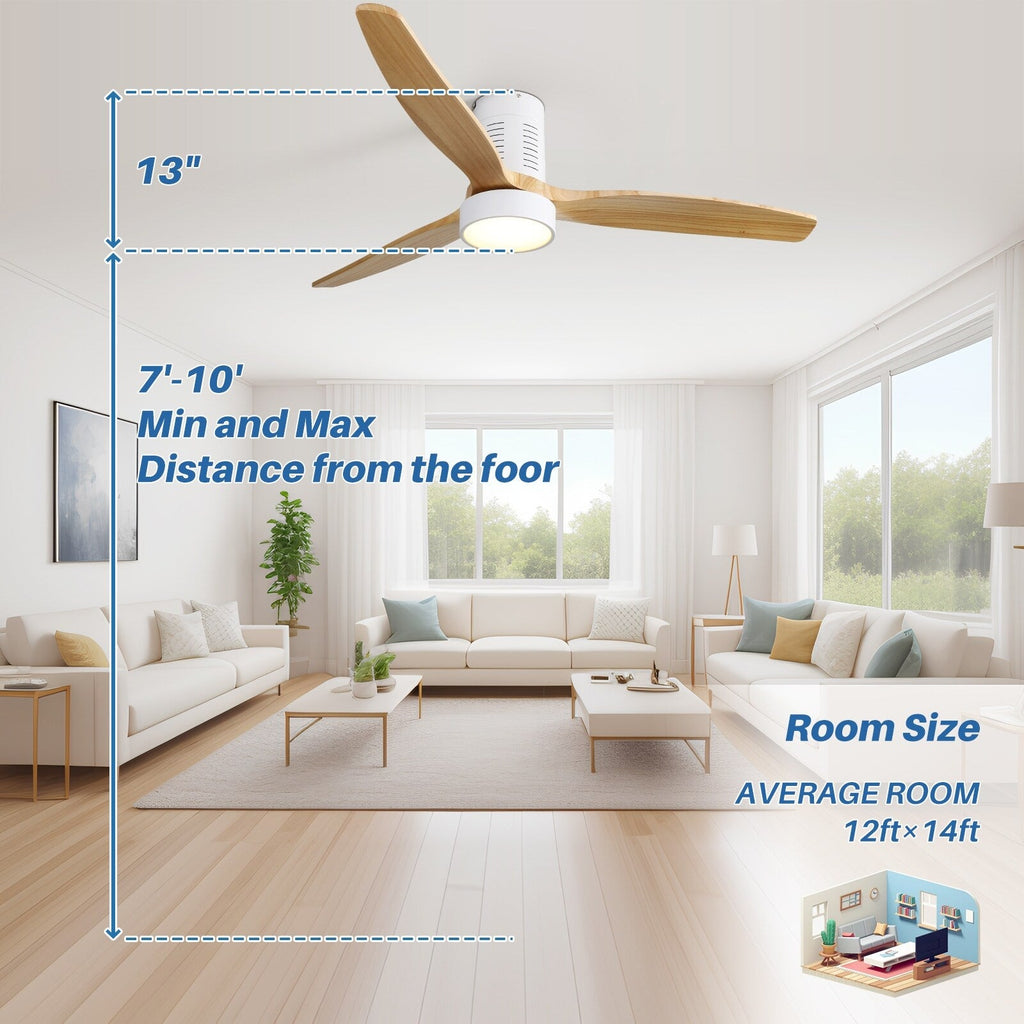 52 Inch Farmhouse Style Flush Mount Ceiling Fan with Light and Remote Control, Reversible DC Motor