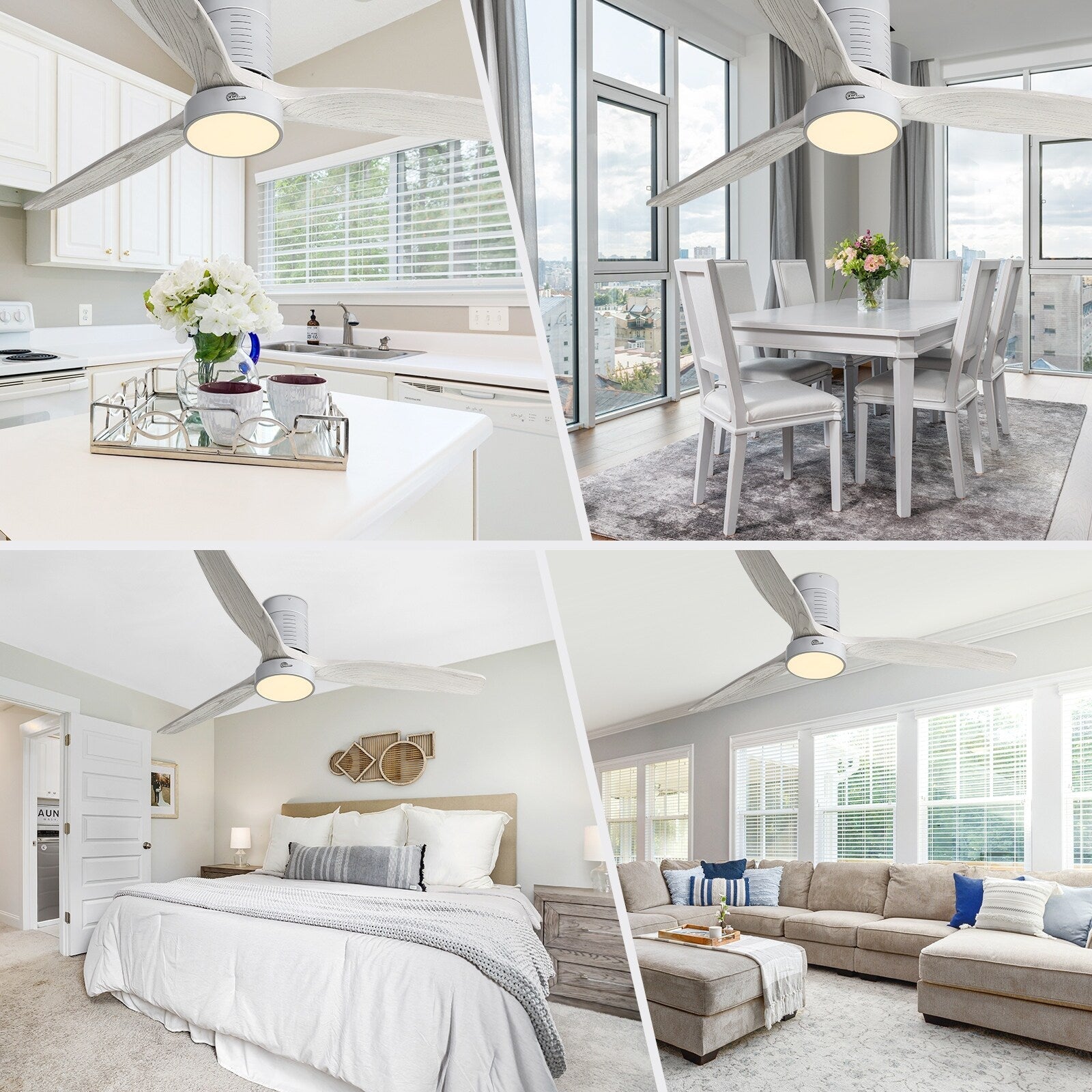 52 Inch Farmhouse Style Flush Mount Ceiling Fan with Light and Remote Control, Reversible DC Motor