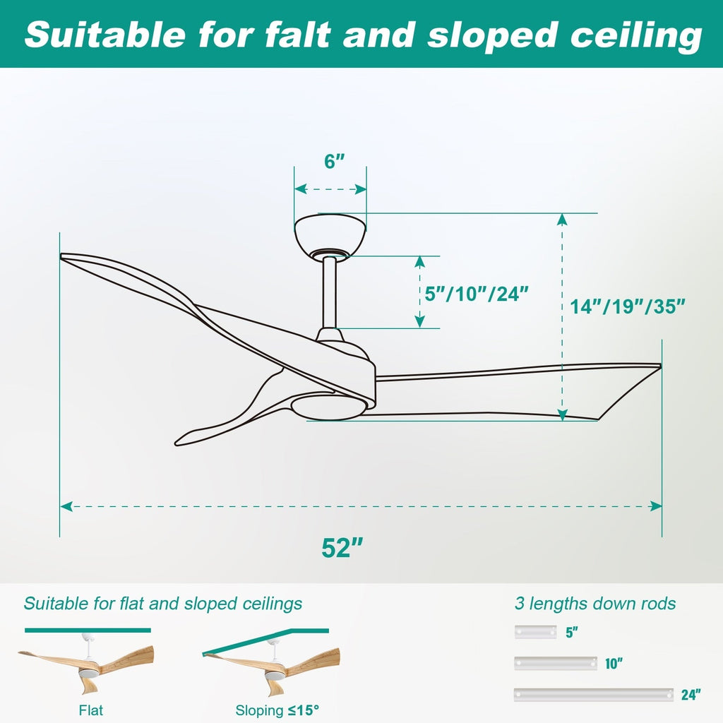 52 inch Modern Solid Wood / ABS Ceiling Fan With Remote Control(No Light),6 WInd Speed,Reversible Airflow
