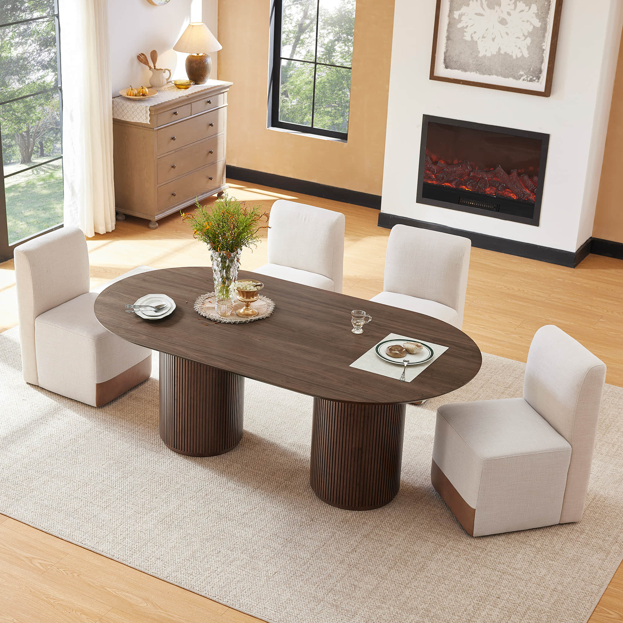 Coral Fluted Oval Wood Dining Table for 4