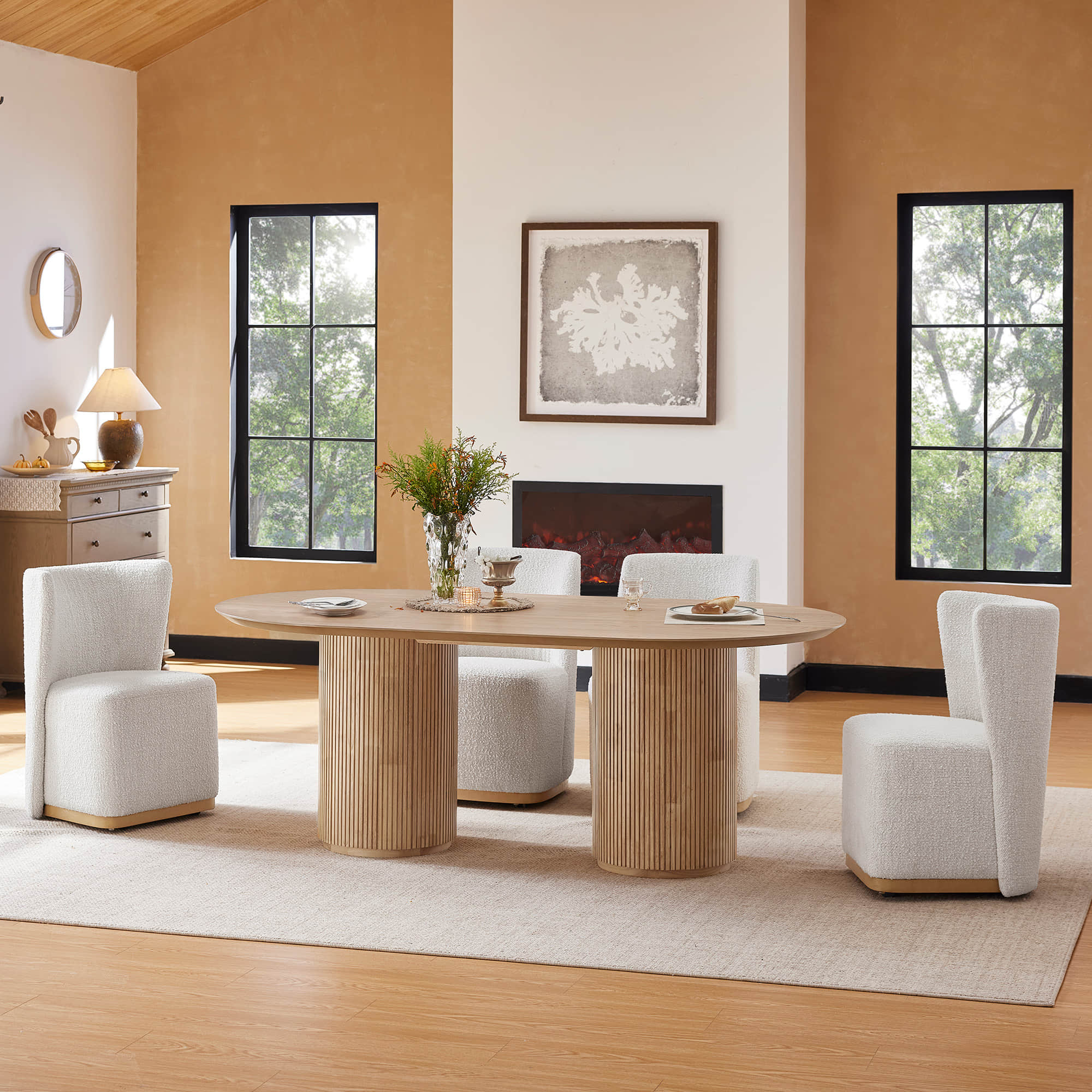 Coral Fluted Oval Wood Dining Table for 4