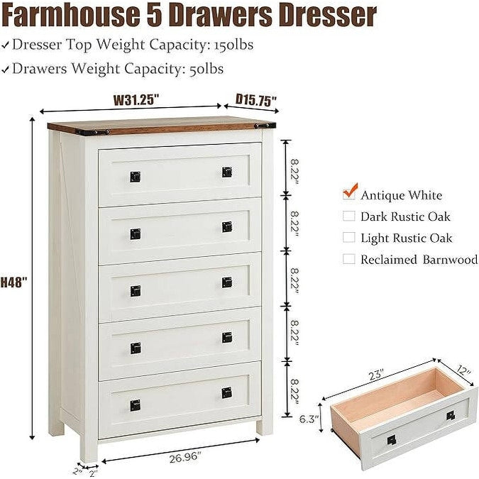 48 Tall Farmhouse 5 Drawer Wood Dresser, Chest of Drawers for Bedroom