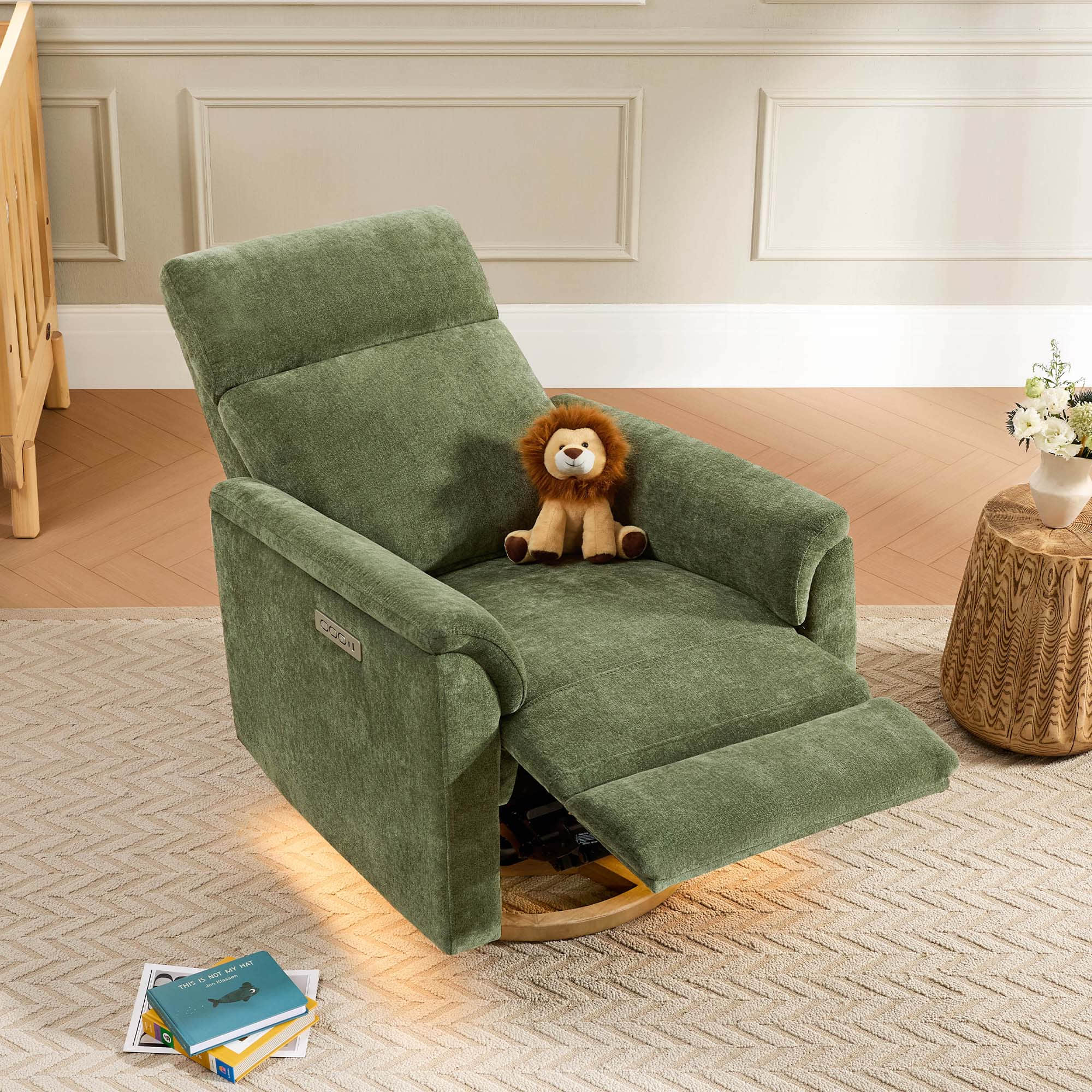 Lulla Power Swivel Nursery Glider Recliner with Power Headrest and Nightlight