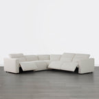 Canapé d'angle inclinable à 5 places Oliver, avec accoudoirs intégrés et appuie-têtes électriques.