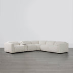 Canapé d'angle inclinable à 5 places Oliver, avec accoudoirs intégrés et appuie-têtes électriques.