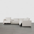 Canapé d'angle inclinable à 5 places Oliver, avec accoudoirs intégrés et appuie-têtes électriques.