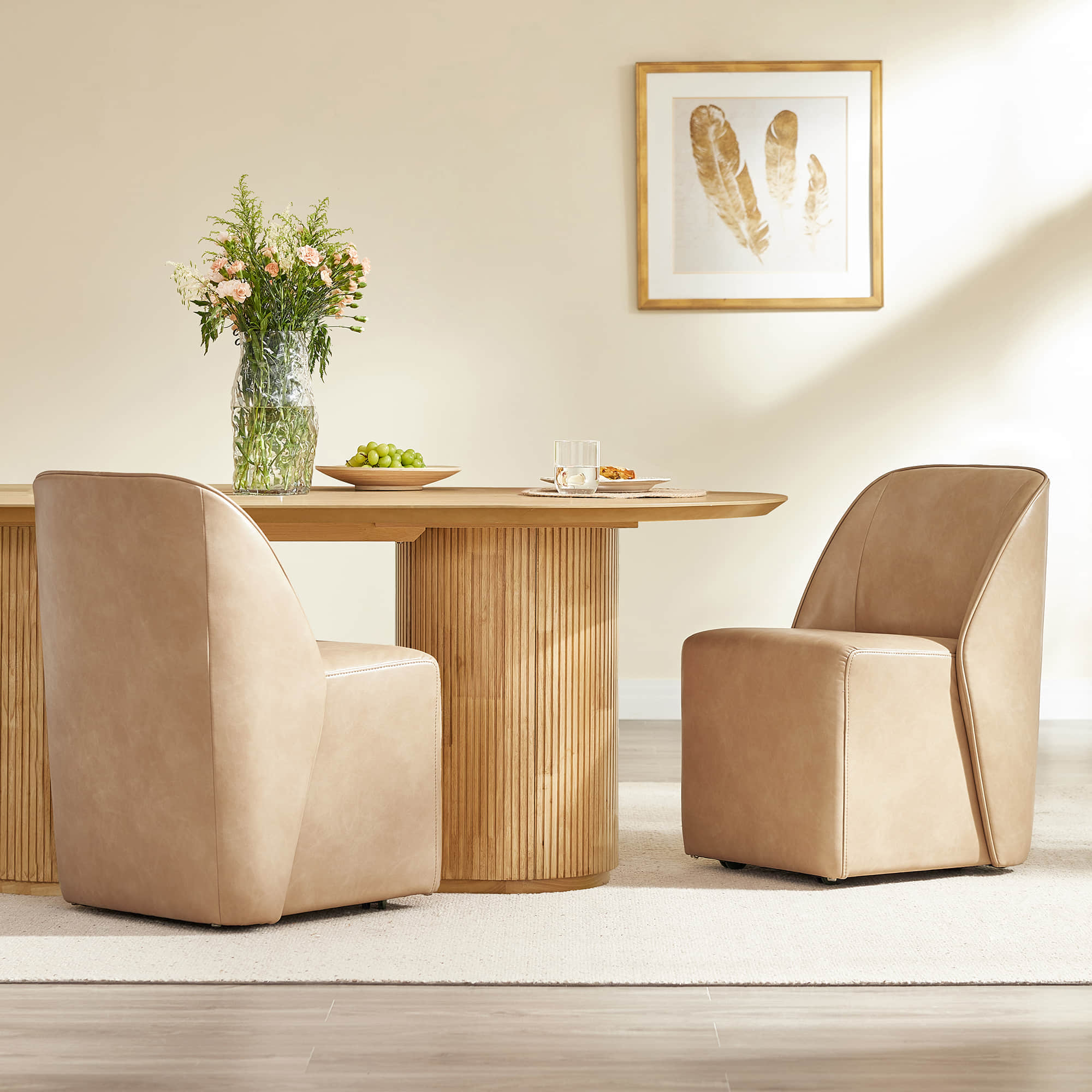 Soren Leather Rolling Dining Chair with Casters Base