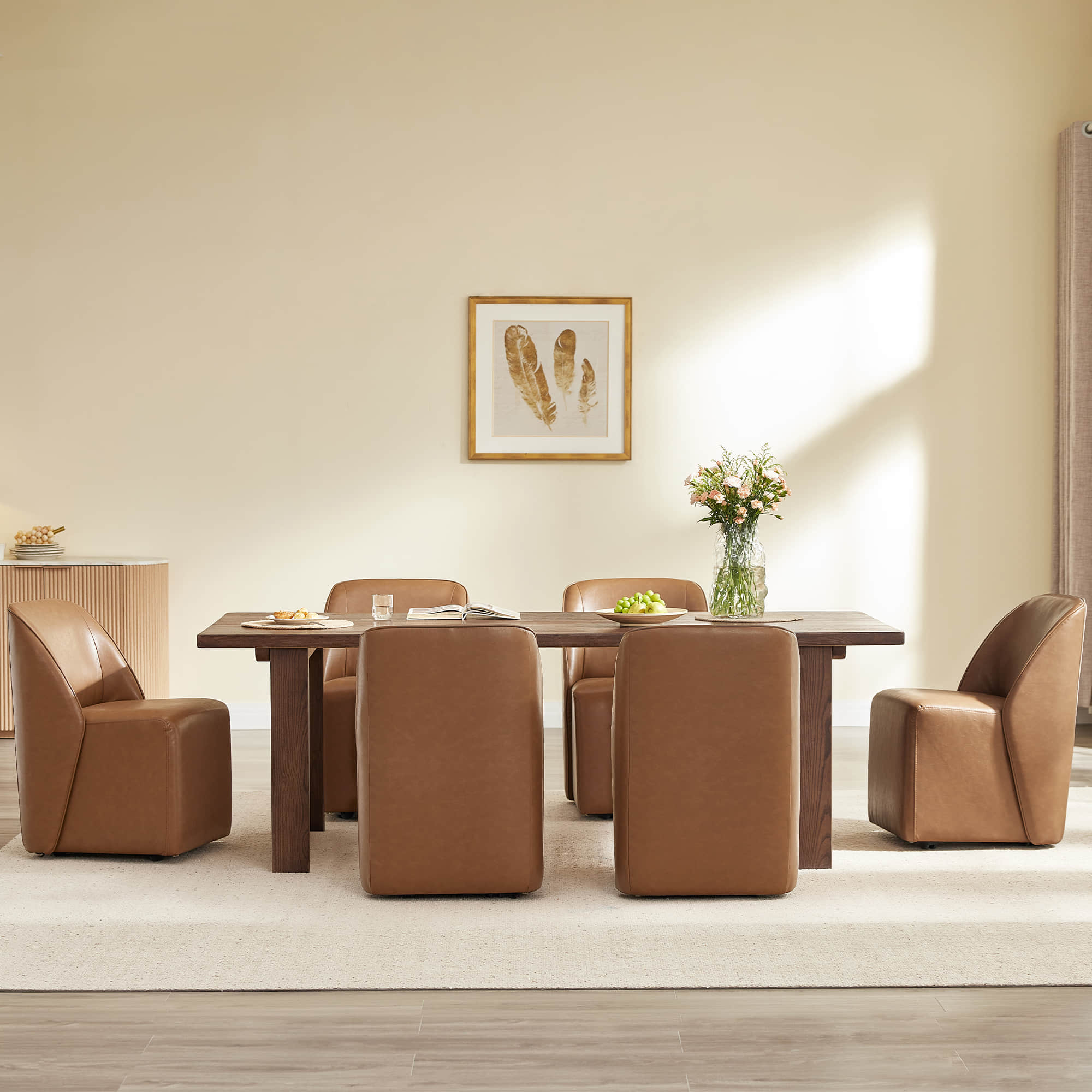 Soren Leather Rolling Dining Chair with Casters Base