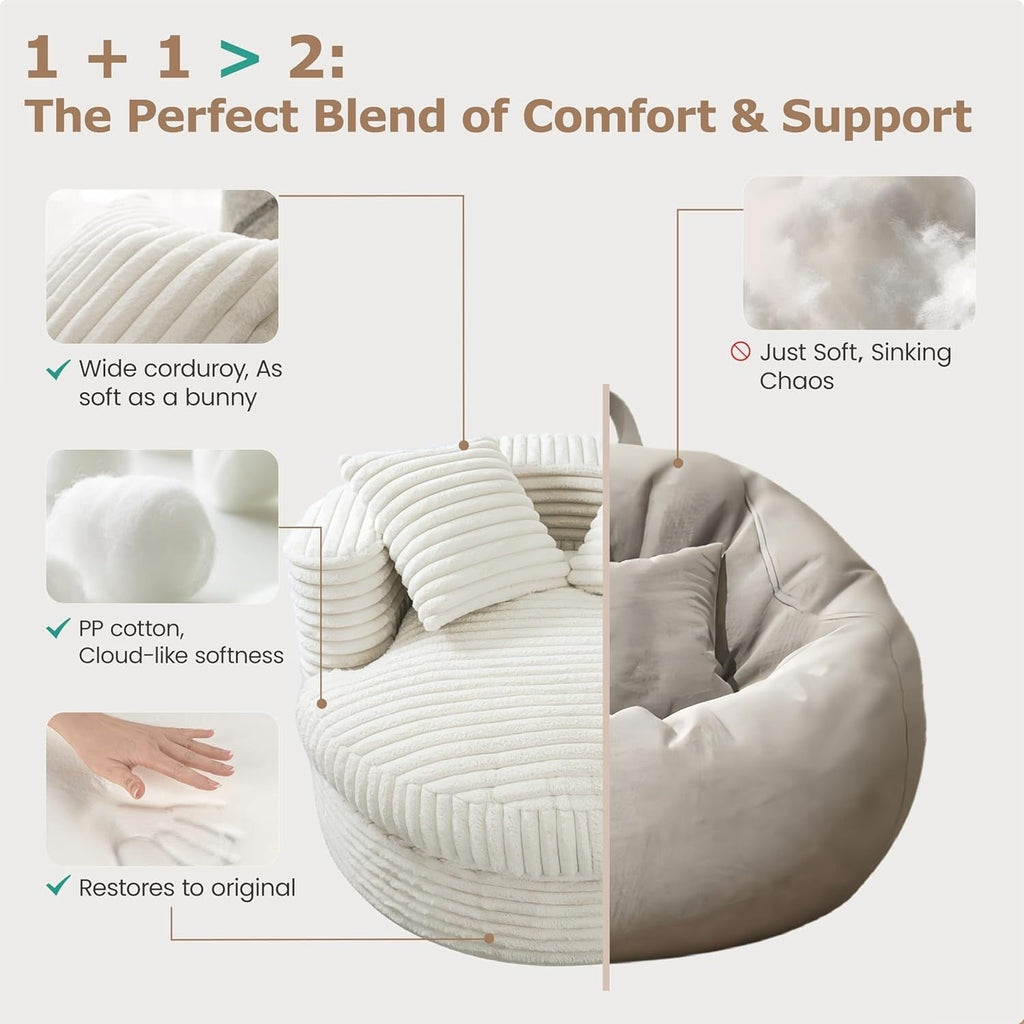 WOWMAX 47 Round Chaise Lounge Chair Indoor, Upholstered Corduroy Floor Sofa Oversized Sleeper Chair with 2 Throw Pillows