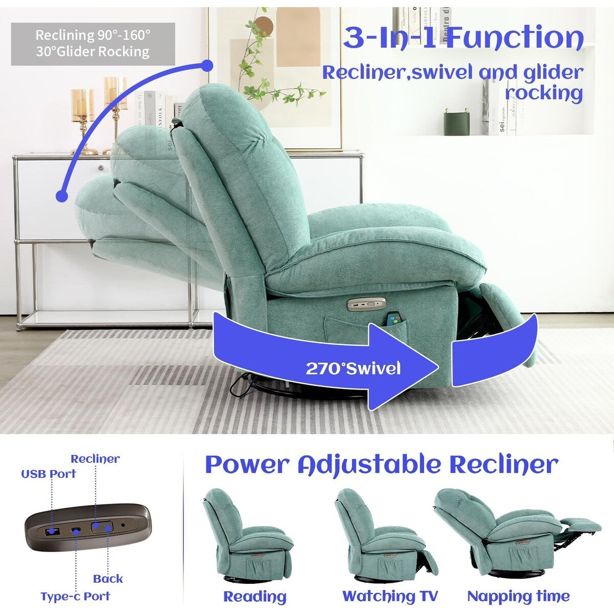 XINMICS Swivel Power Recliner Chair, Massage Rocker Recliners with Heated ,USB, USB-C and Side Pocket