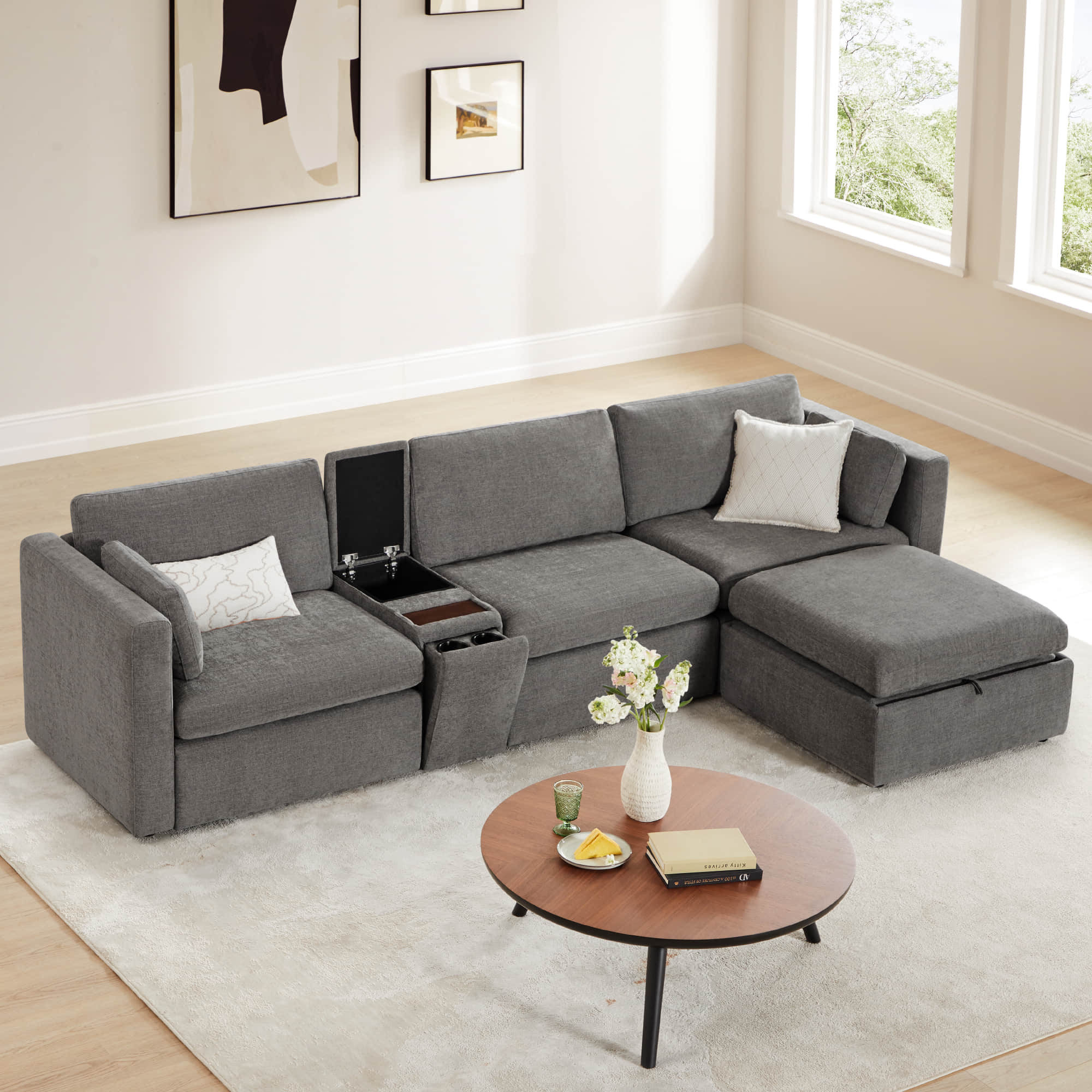 Delaney 4-Seat Modular Sofa Chaise with Storage Ottoman