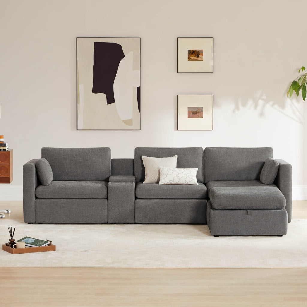 Delaney 4-Seat Modular Sofa Chaise with Storage Ottoman