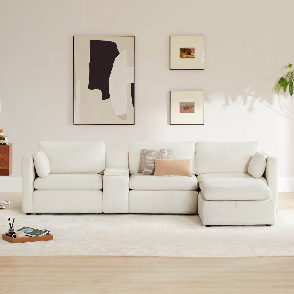 Delaney 4-Seat Modular Sofa Chaise with Storage Ottoman