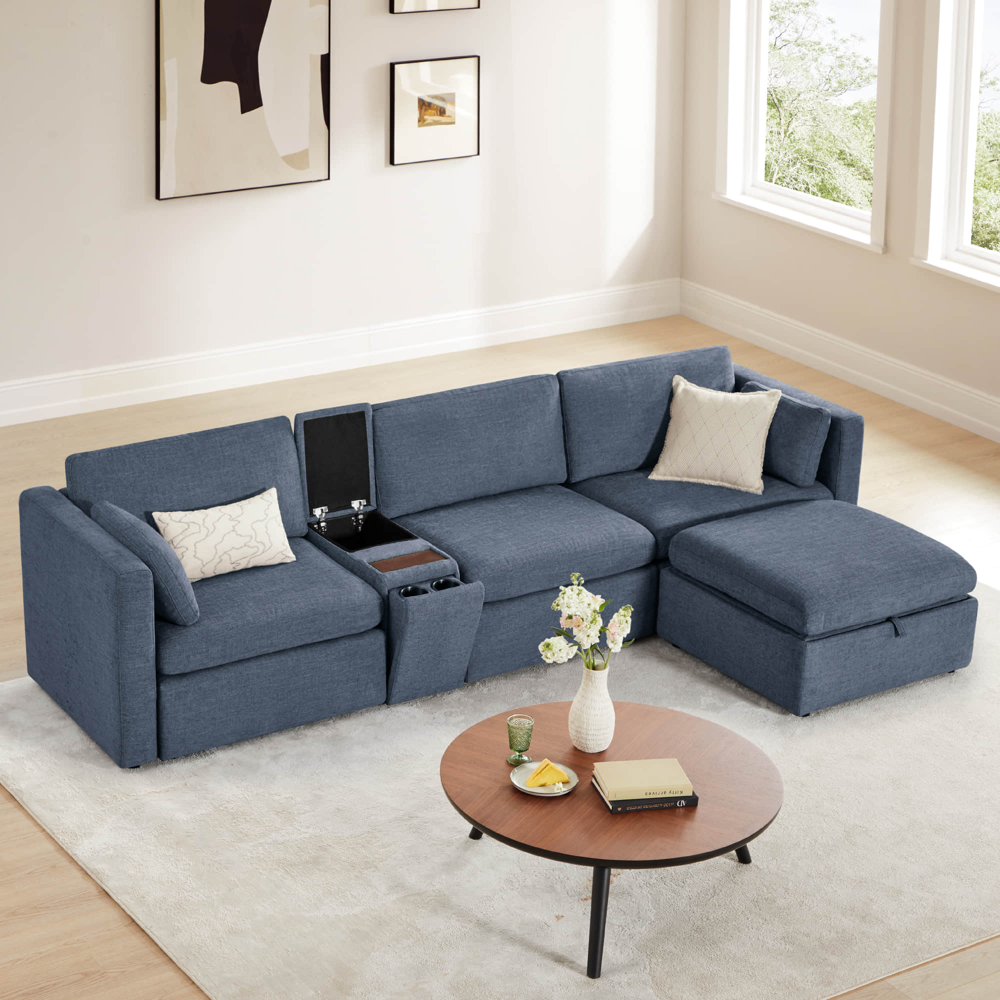 Delaney 4-Seat Modular Sofa Chaise with Storage Ottoman