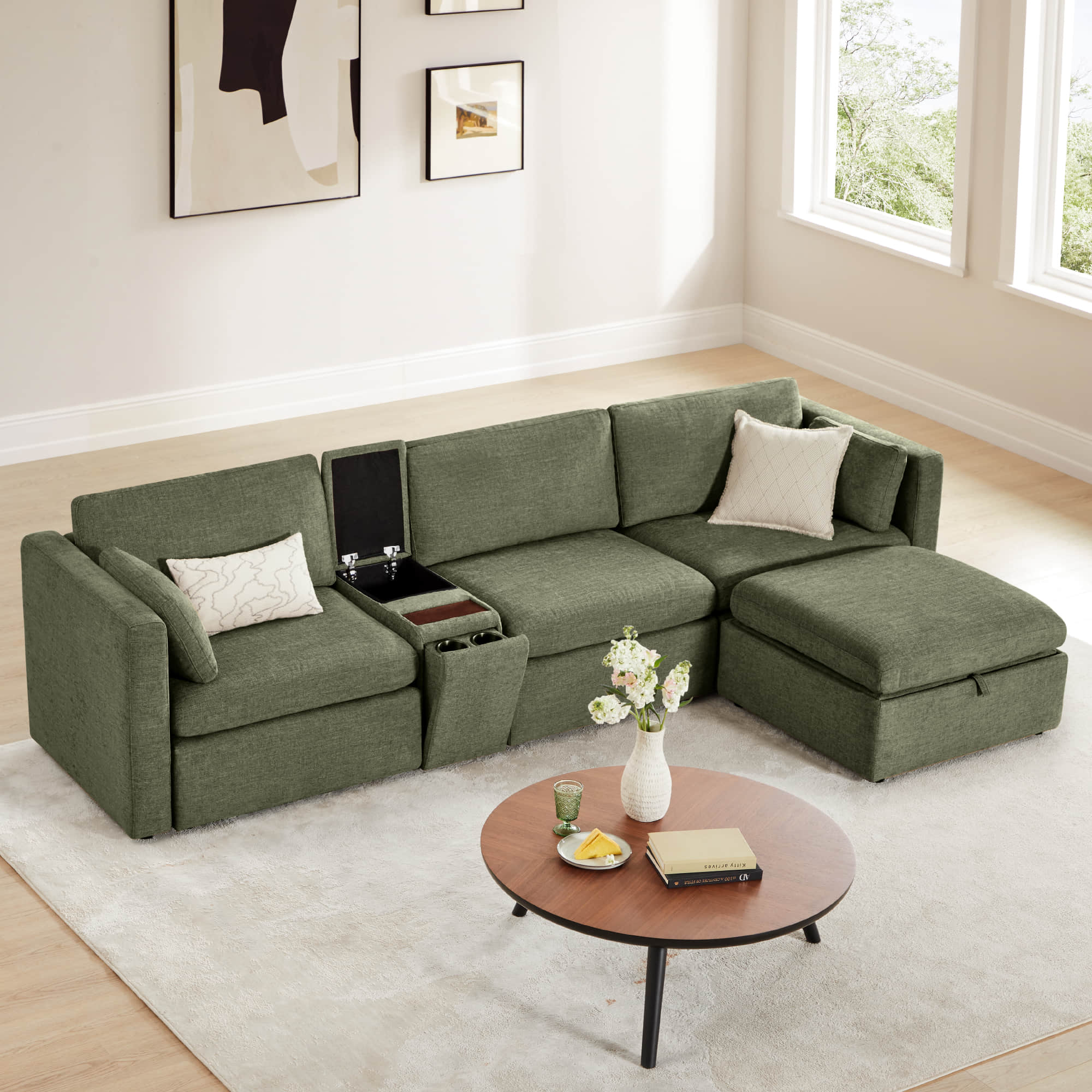 Delaney 4-Seat Modular Sofa Chaise with Storage Ottoman