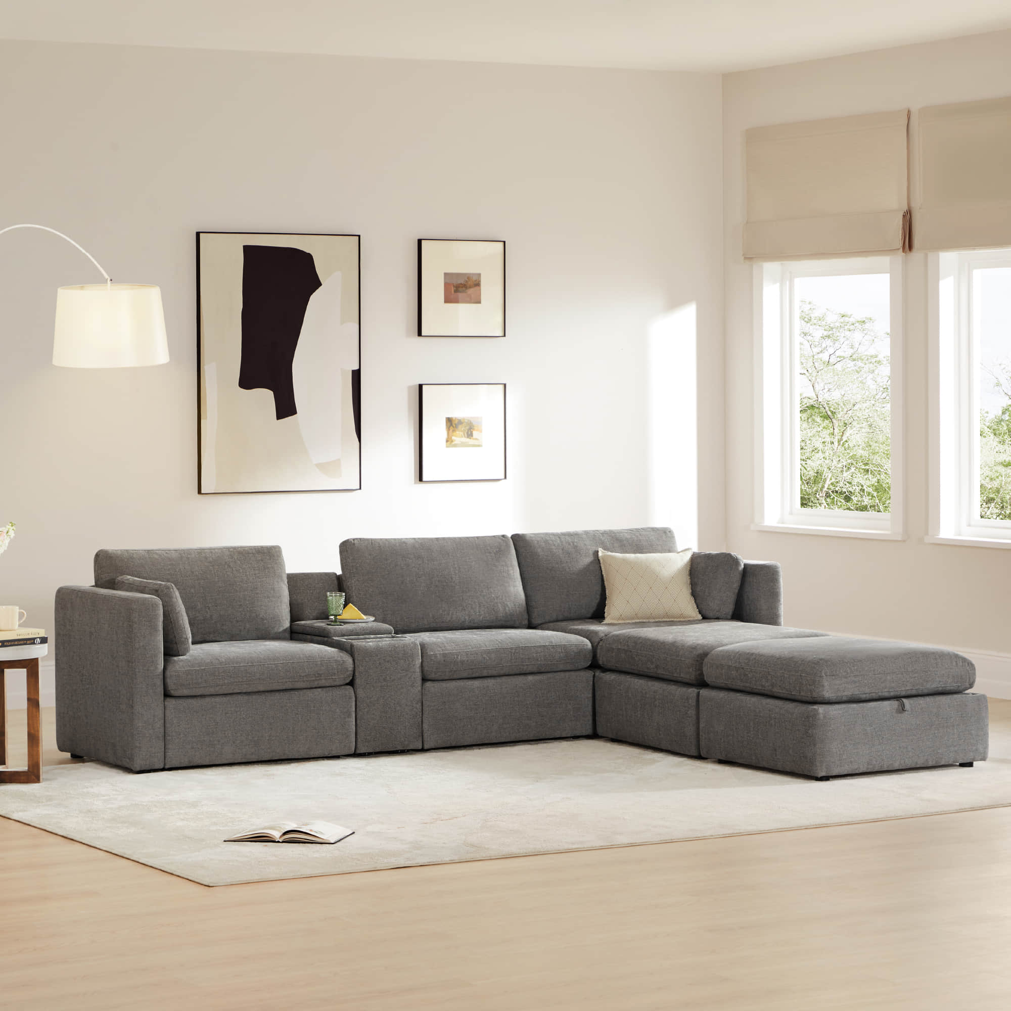 Delaney 5-Seat Modular Sofa Chaise with Storage Ottomans