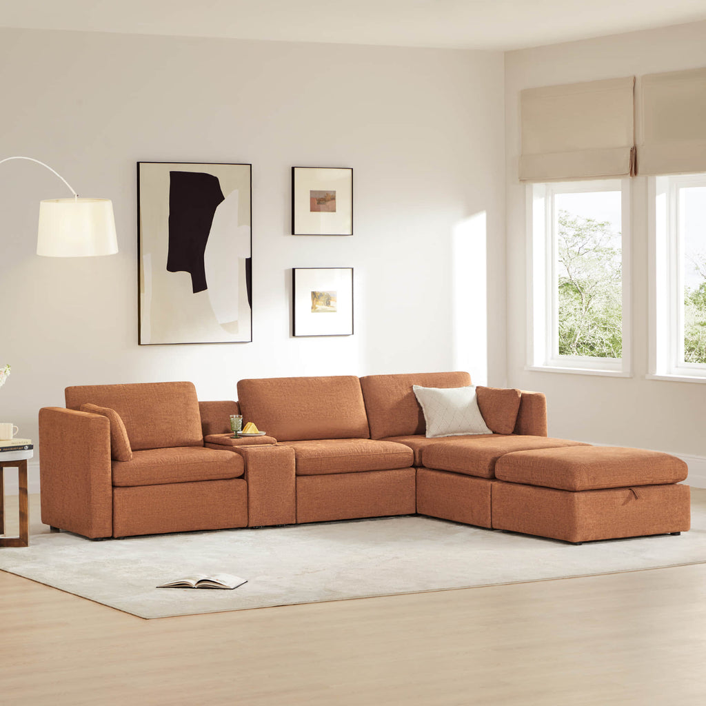 Delaney 5-Seat Modular Sofa Chaise with Storage Ottomans