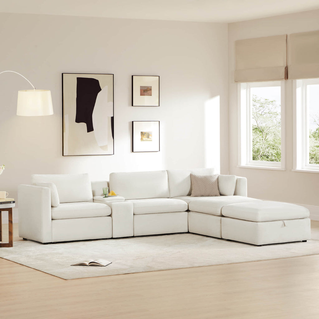 Delaney 5-Seat Modular Sofa Chaise with Storage Ottomans