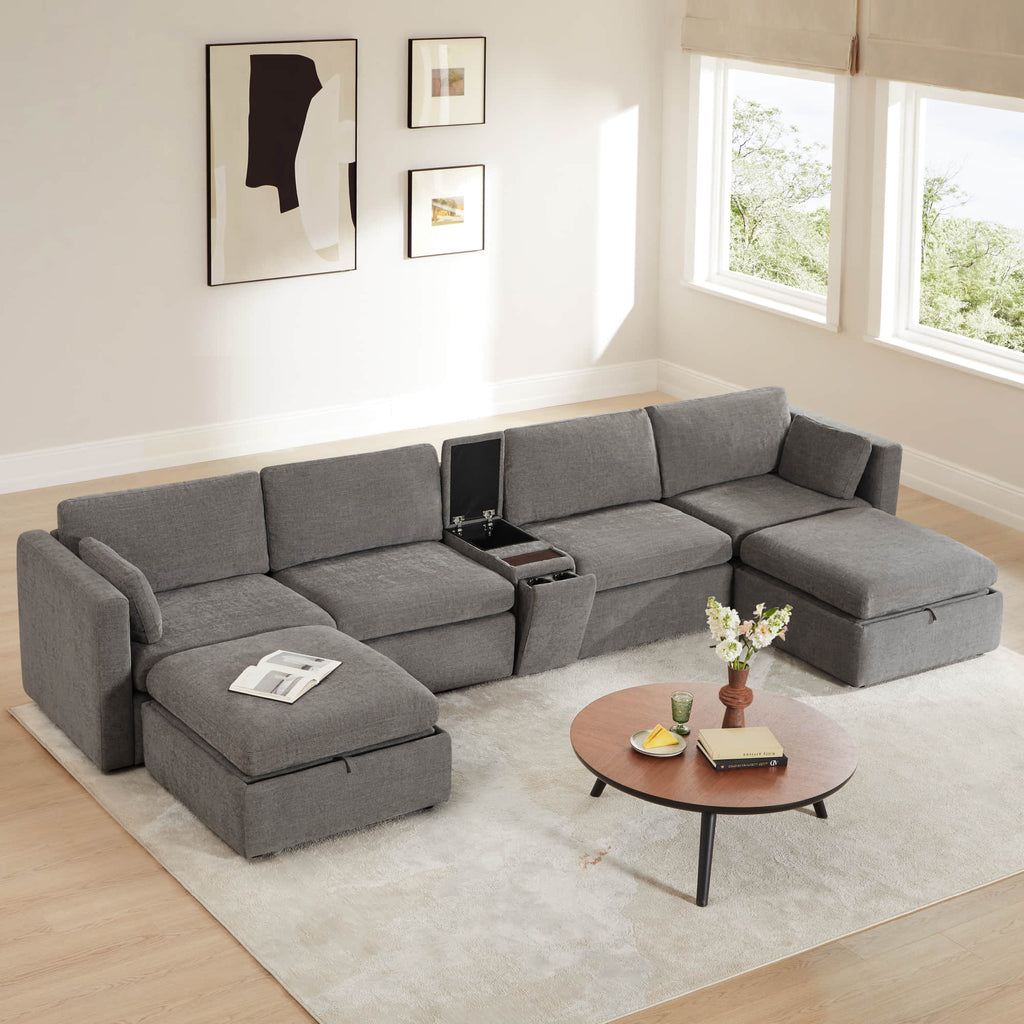 Delaney 6-Seat Modular Sofa Chaise with Storage Ottomans