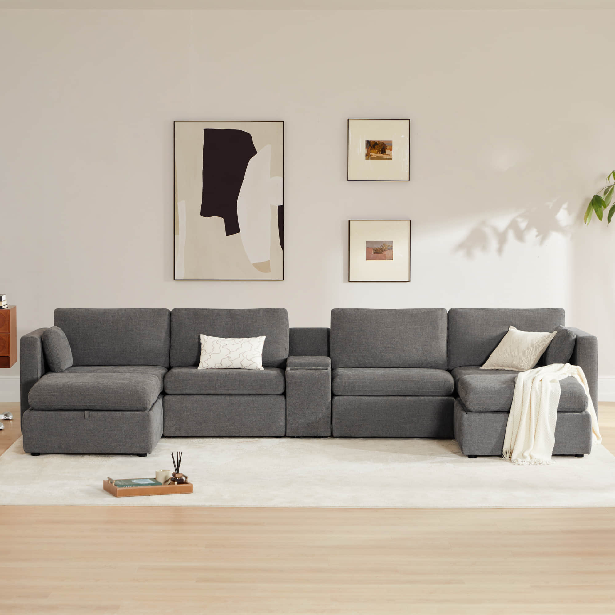 Delaney 6-Seat Modular Sofa Chaise with Storage Ottomans