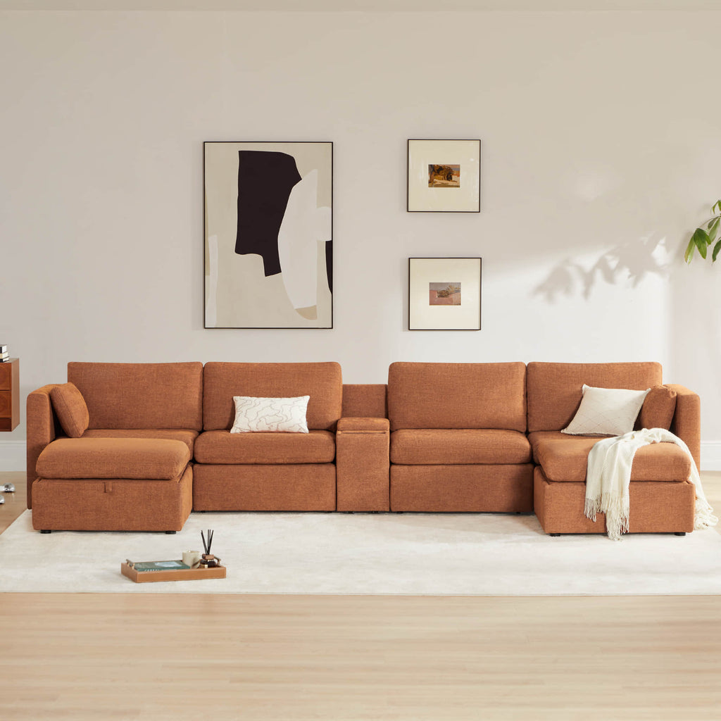 Delaney 6-Seat Modular Sofa Chaise with Storage Ottomans