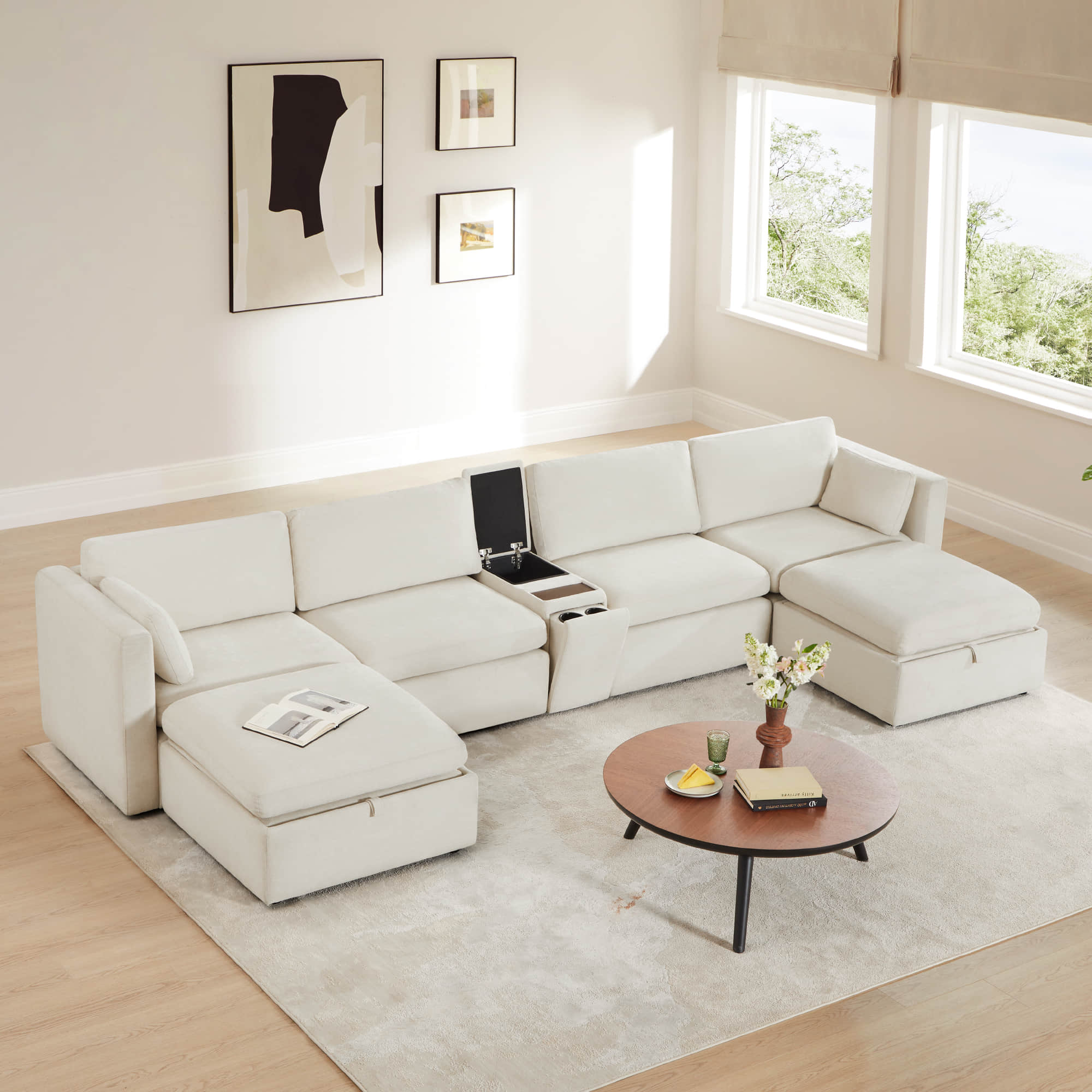 Delaney 6-Seat Modular Sofa Chaise with Storage Ottomans