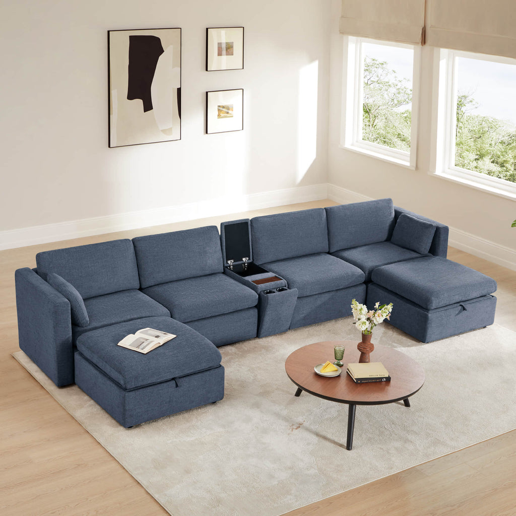 Delaney 6-Seat Modular Sofa Chaise with Storage Ottomans