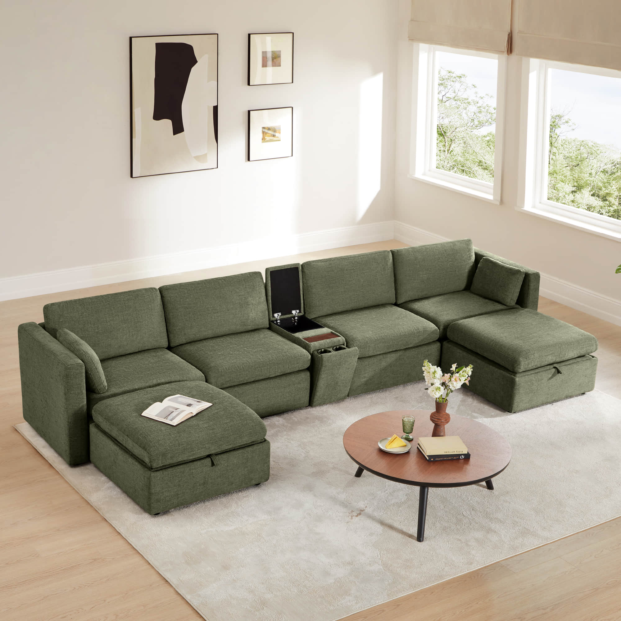 Delaney 6-Seat Modular Sofa Chaise with Storage Ottomans