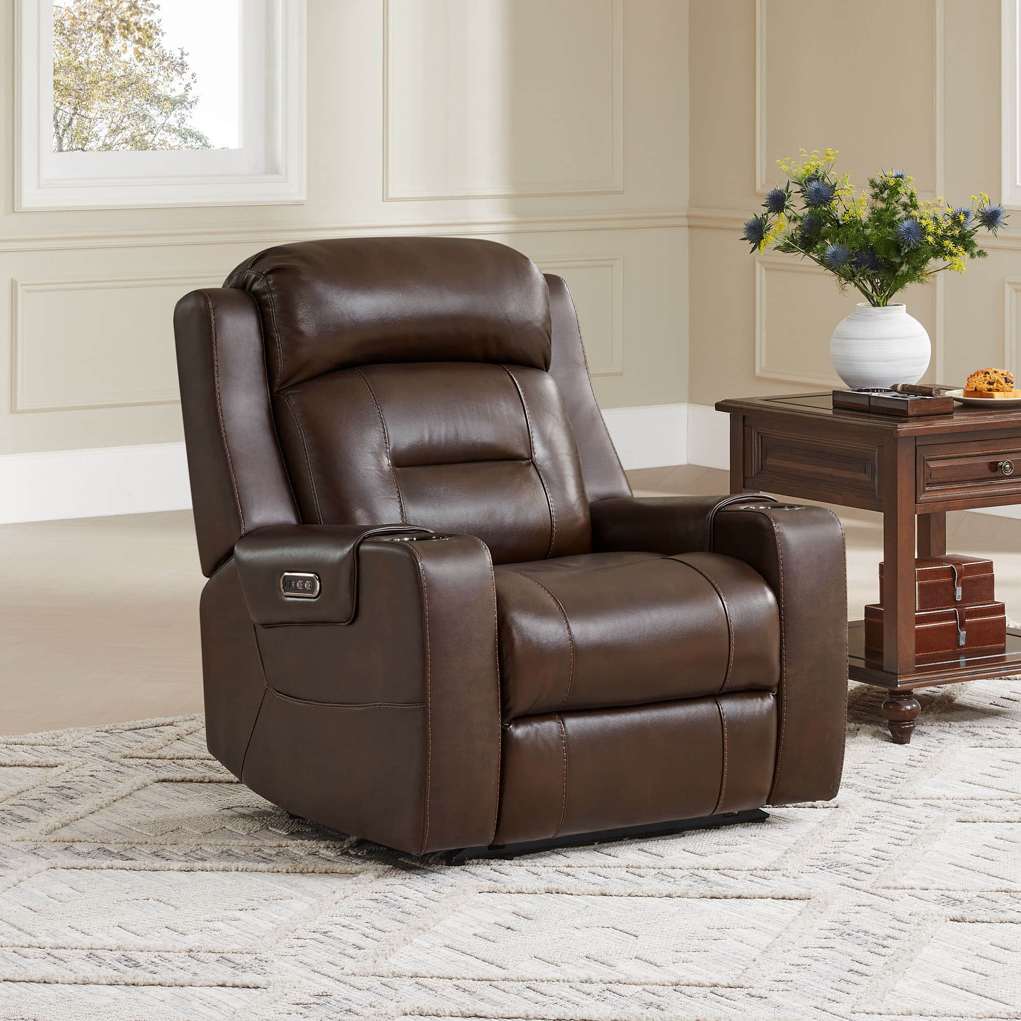 Garrison Genuine Leather Power Lay Flat Recliner with Power Headrest