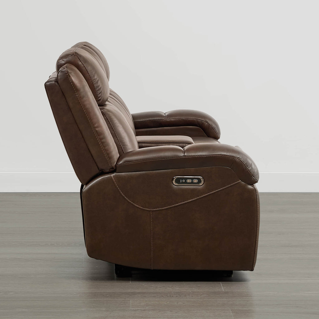 Canapé inclinable électrique Isaac en cuir véritable, avec dossier basculant électrique, pour installation contre un mur.